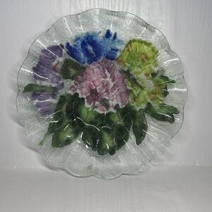 Clear Glass Floral Design Ruffled edges Plate Serveware Art Deco Clear Glass 10”